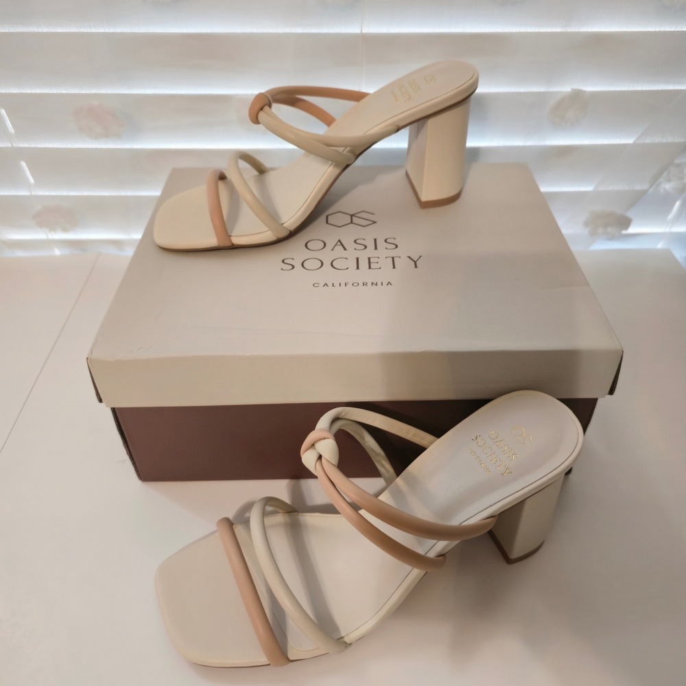 Oasis Society California Women 8 Cream Tan Strappy Square Toe Block Heel Sandals